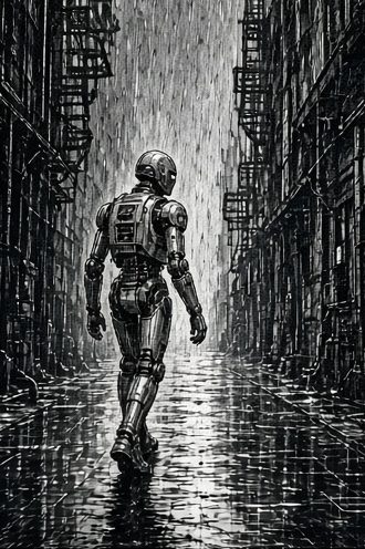 Black-and-white ink illustration of a robot walking alone down a rain-soaked city alley