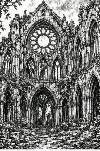 Black-and-white ink drawing of a ruined gothic cathedral overgrown with ivy beneath a rose window