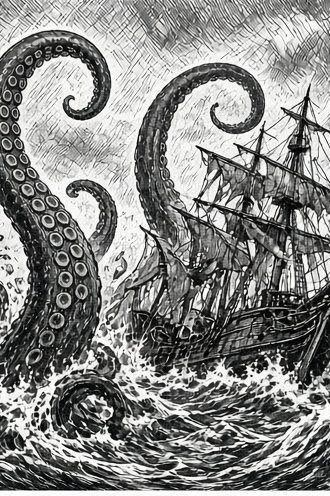 Black-and-white ink illustration of giant sea-monster tentacles rising around a sailing ship in a stormy sea