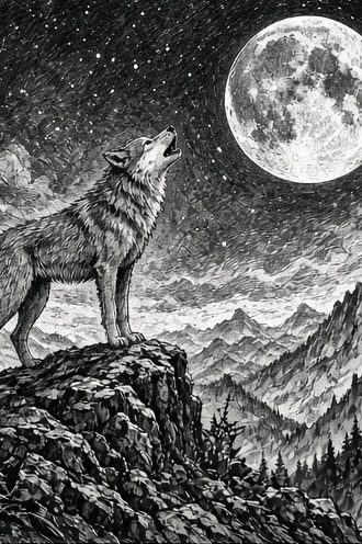 Black-and-white ink drawing of a wolf howling at a full moon from a rocky mountain ledge