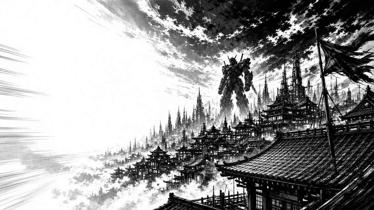Black-and-white manga-style ink drawing of a giant mecha standing over a pagoda city